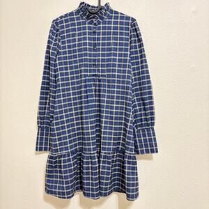 Zara Woman Navy Plaid Ruffle Neck Long Sleeve Mini Dress Size-M